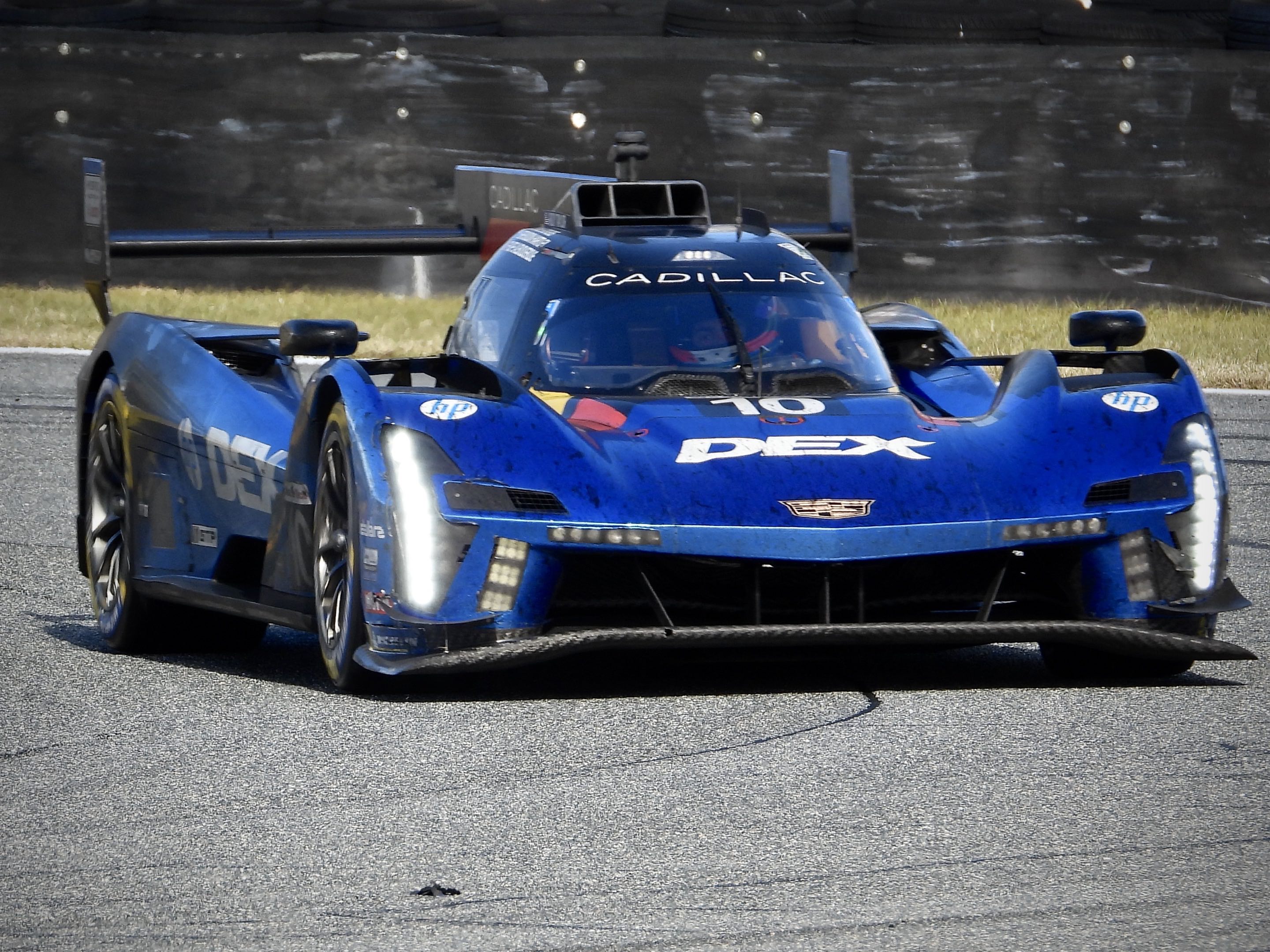 The Wayne Taylor Racing #10 Cadillac V-Series.R viewed from the front, still shiny but dirty from 20 hours of racing